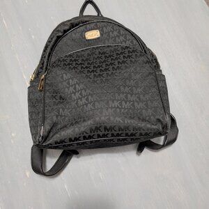 Michael Kors Black Monogram Backpack Gold Hardware MK Logo Abbey Medium